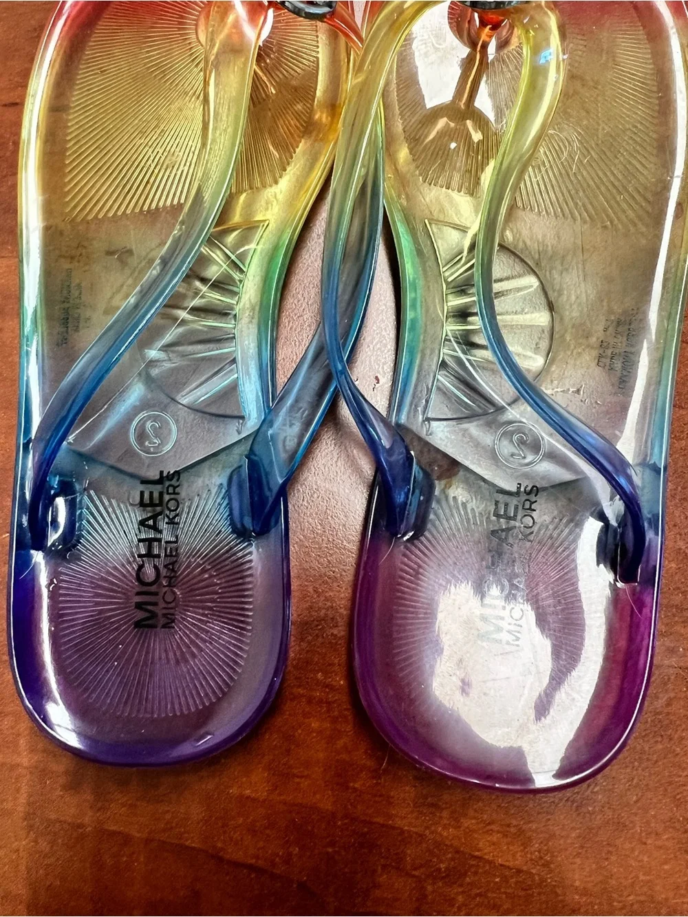 Michael Kors Rainbow Gradient Jelly Flip Flops with MK Medallions kids Sz 2